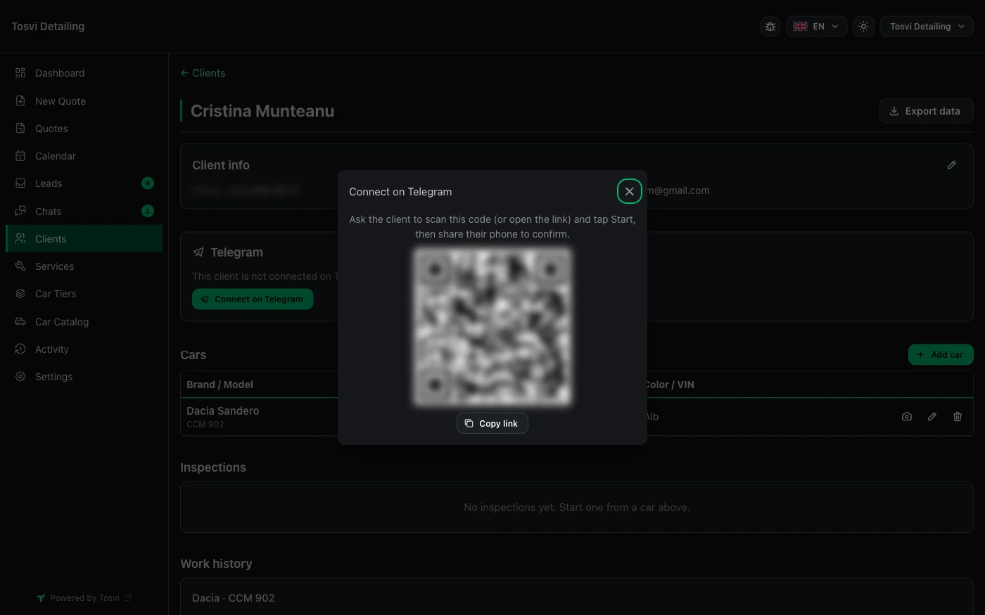 QR connect: clients scan a code and chat in Telegram, nothing to install