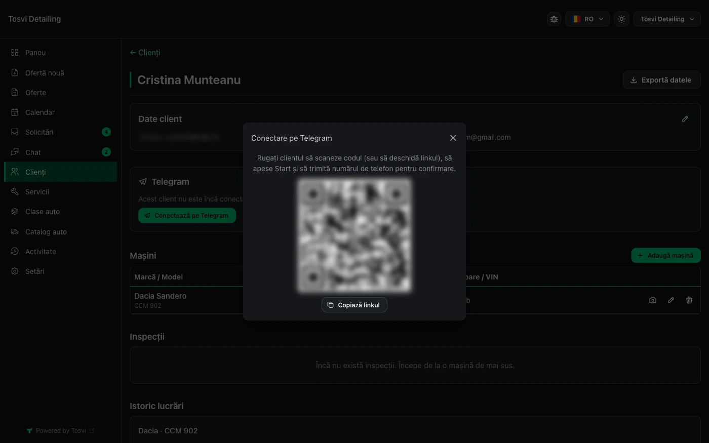 Conectare prin QR: clientul scanează un cod și scrie pe Telegram, fără să instaleze nimic
